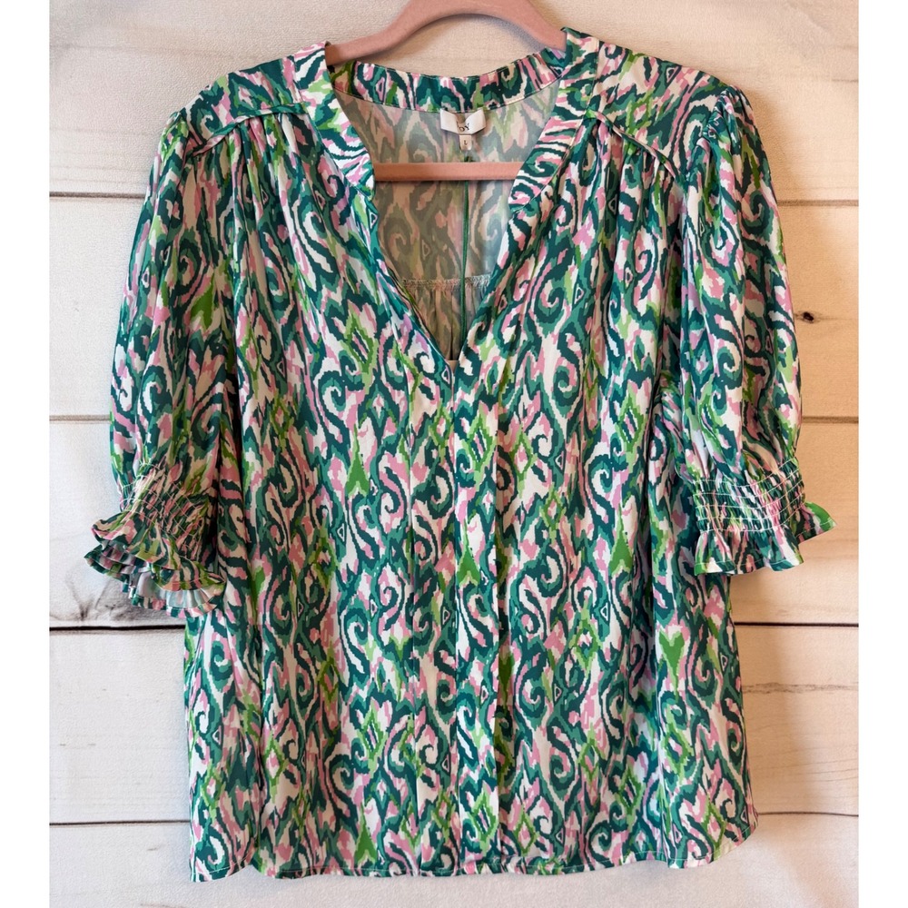Voy Women Green Pink Ikat Smocked Puff Sleeve V-Neck Blouse Top Large NEW